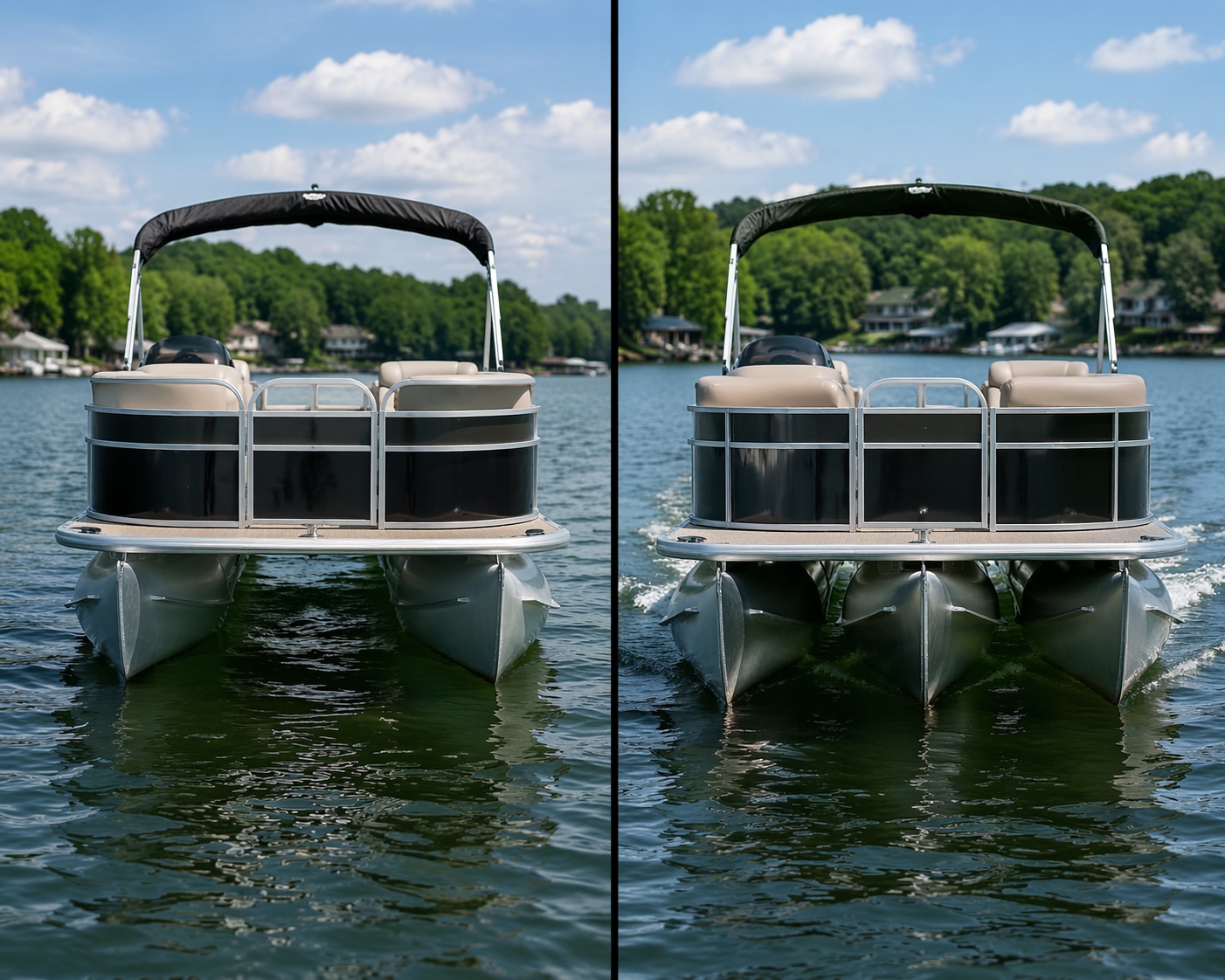 pontoon vs tritoon boats side by side on Lake of the Ozarks showing two and three tube design
